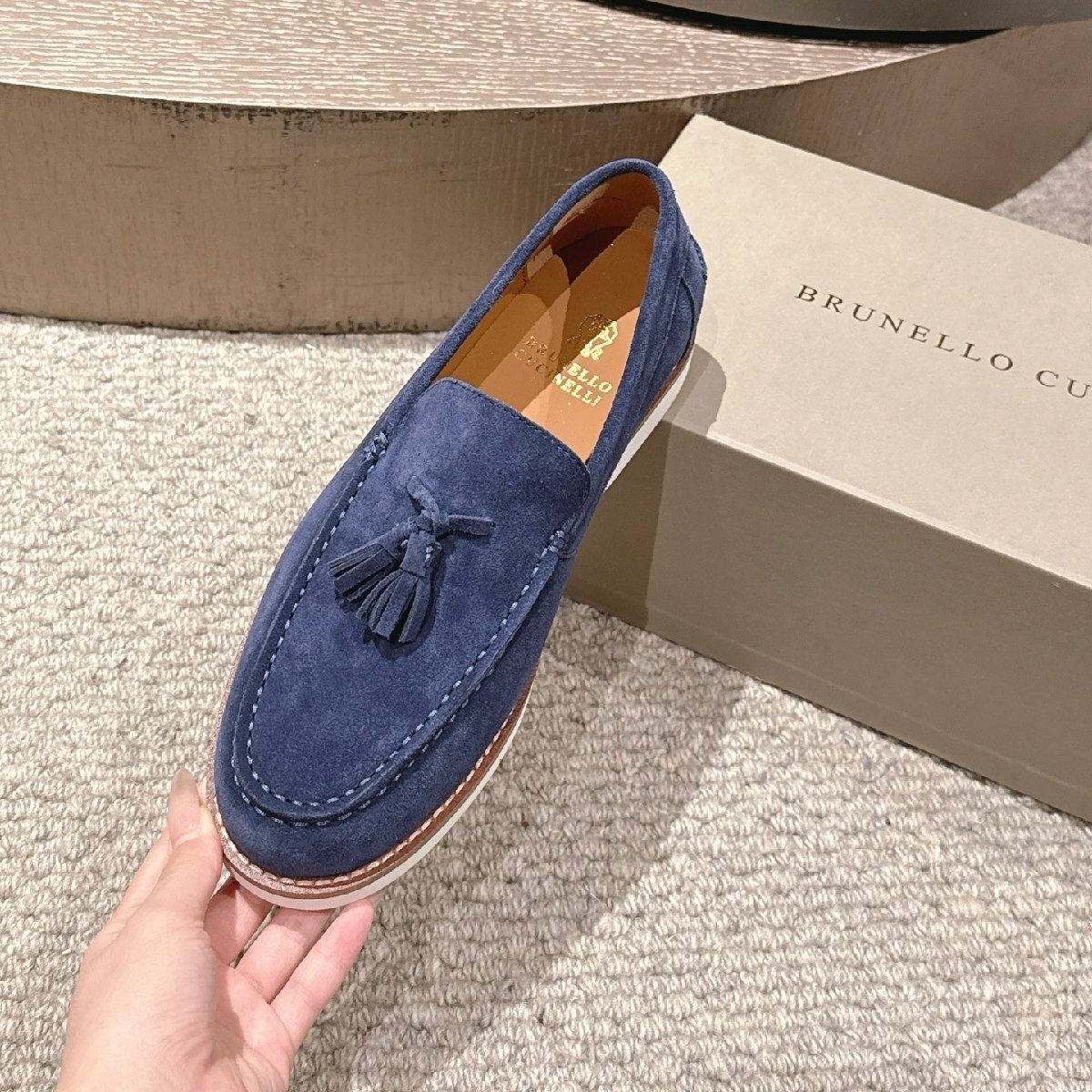 ネイビー25.0cm ★送料無料★ブルネロクチネリ★メンズススエード タッセル ローファー, 本革, カジュアル シューズ, ホワイトソール拍卖