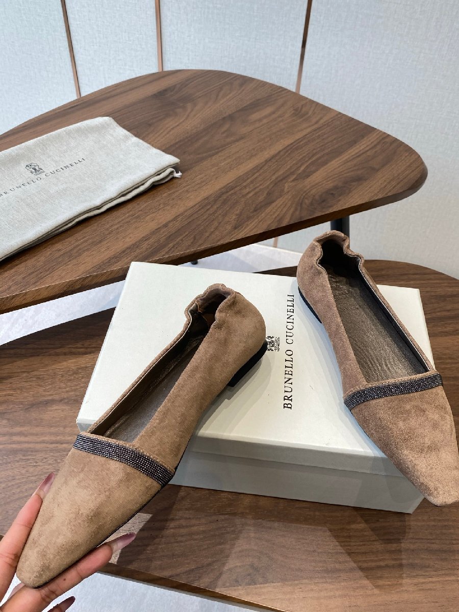 23.0cm●数量限定【送料無料】ブルネロ クチネリレディース フラットシューズ, スエードスクエアトウ, メタリックテープ付き拍卖