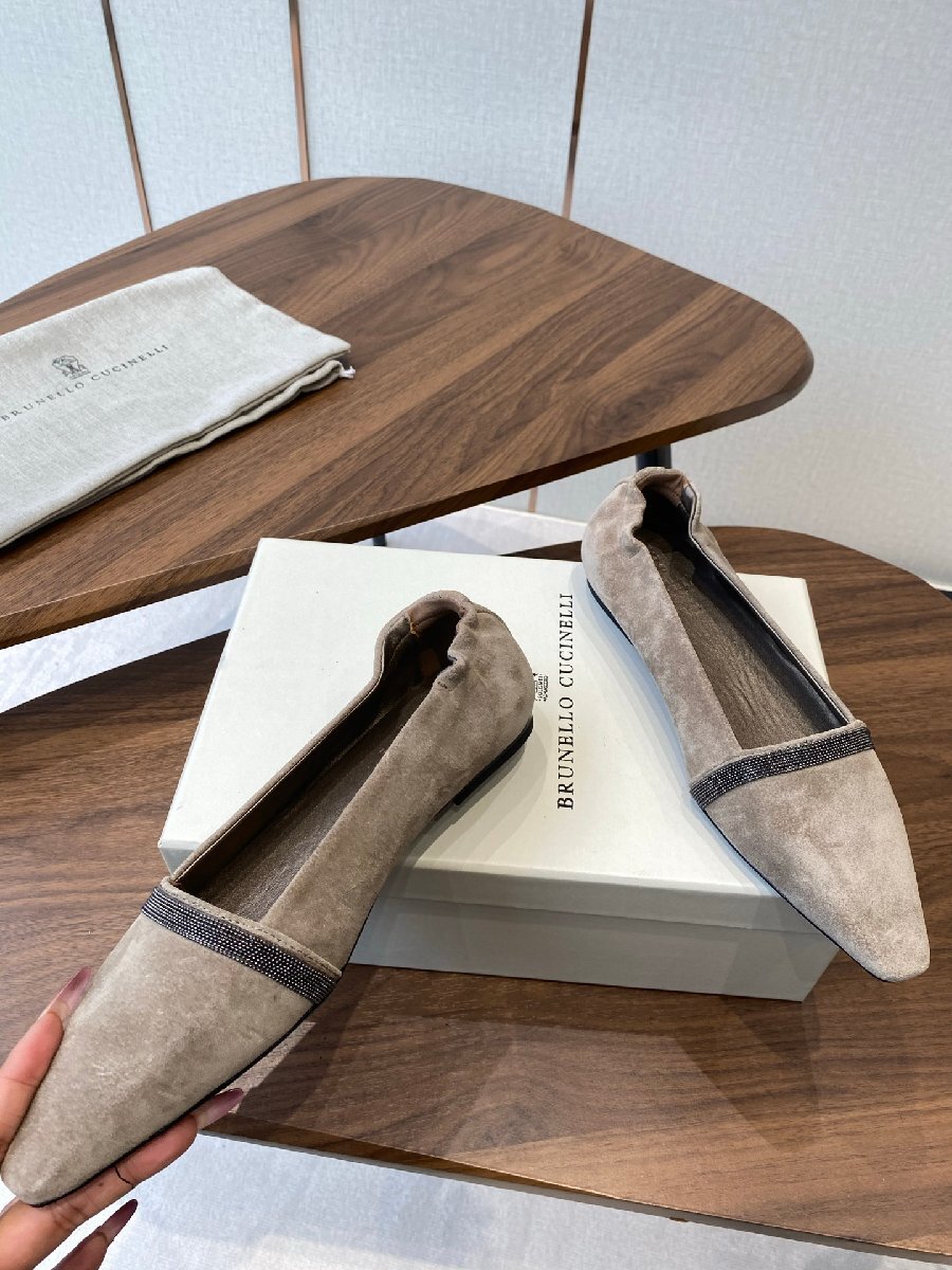 23.0cm ●数量限定●在庫限り【送料無料】ブルネロ クチネリレディース フラットシューズ, スエードスクエアトウ, メタリックテープ付き拍卖