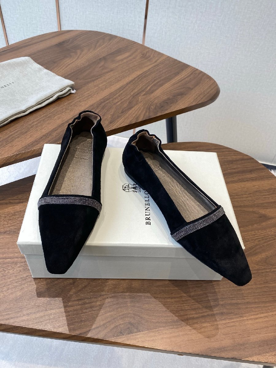 ブラック23.0cm ●数量限定【送料無料】ブルネロ クチネリレディース フラットシューズ, スエードスクエアトウ, メタリックテープ付き拍卖