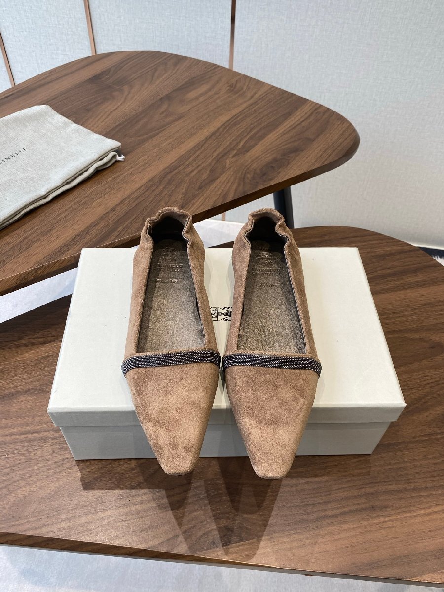 24.0cm ●数量限定【送料無料】ブルネロ クチネリレディース フラットシューズ, スエードスクエアトウ, メタリックテープ付き拍卖