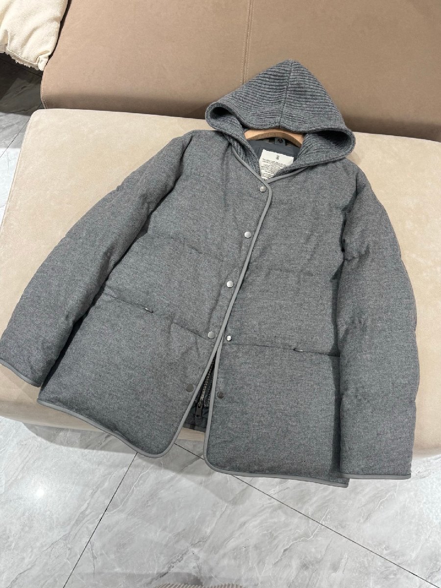 グレーL★送料無料★ブルネロクチネリ★レディース ウール混 ダウンジャケット, リブニット襟 フード付き, ジップアップ 防寒コート拍卖