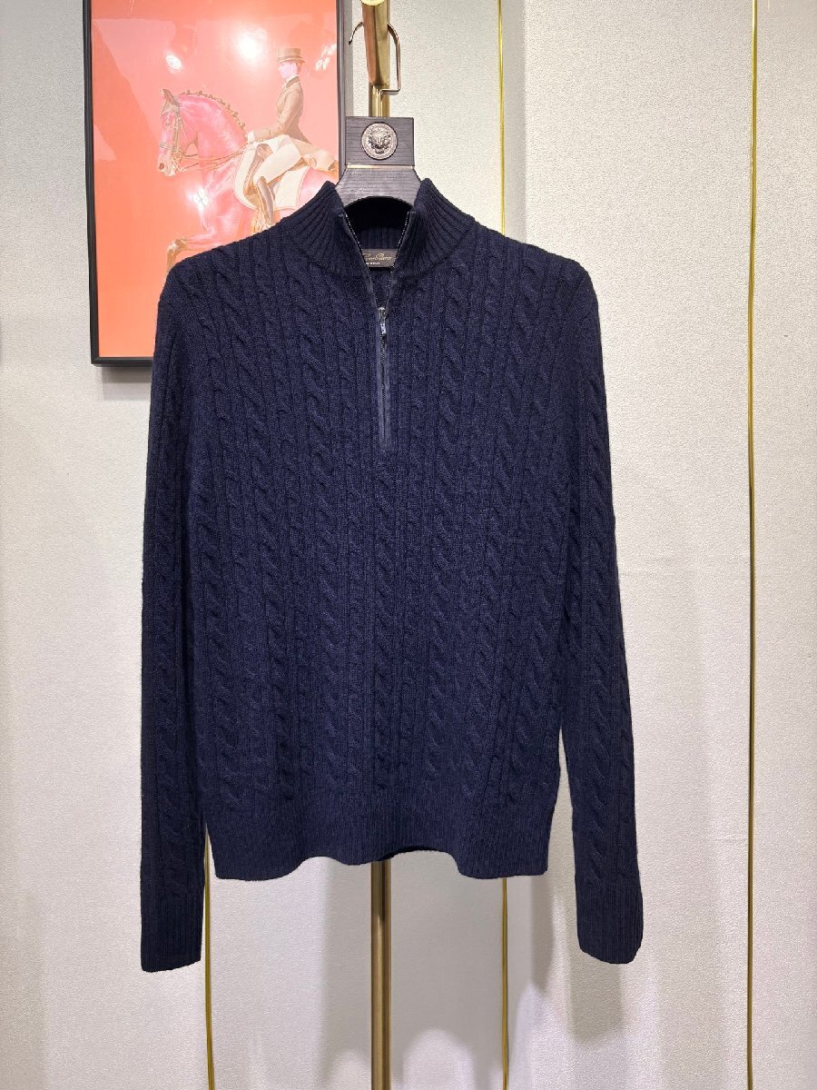 ネイビーXL★送料無料★ロロピアーナLoro Piana★メンズケーブルニット ハーフジップ セーター, ウール混紡, ケーブル編み, カジュアル&ビ拍卖