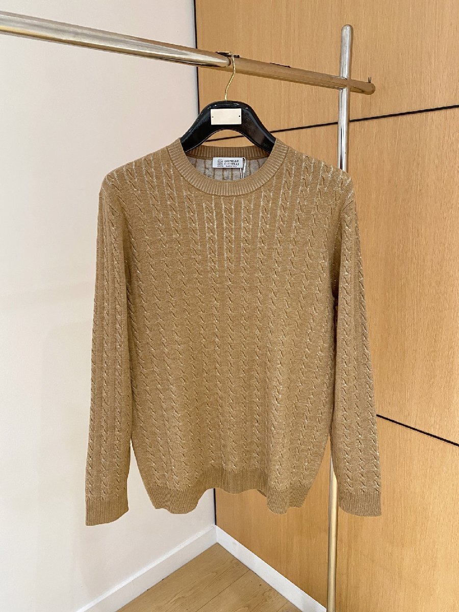 キャメルXXL【送料無料】 Brunello Cucinelli●メンズ カシミヤ混 ケーブル編み セーター, クルーネック, 長袖, ビジネスカジュアル拍卖