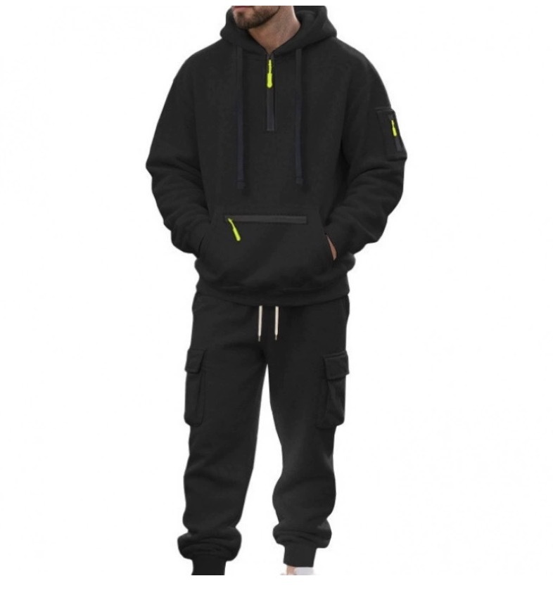 秋冬上下セット 多ポケット 男性用 半開きファスナートレーナー セットアップ スウェットシャツ & パンツ セット拍卖