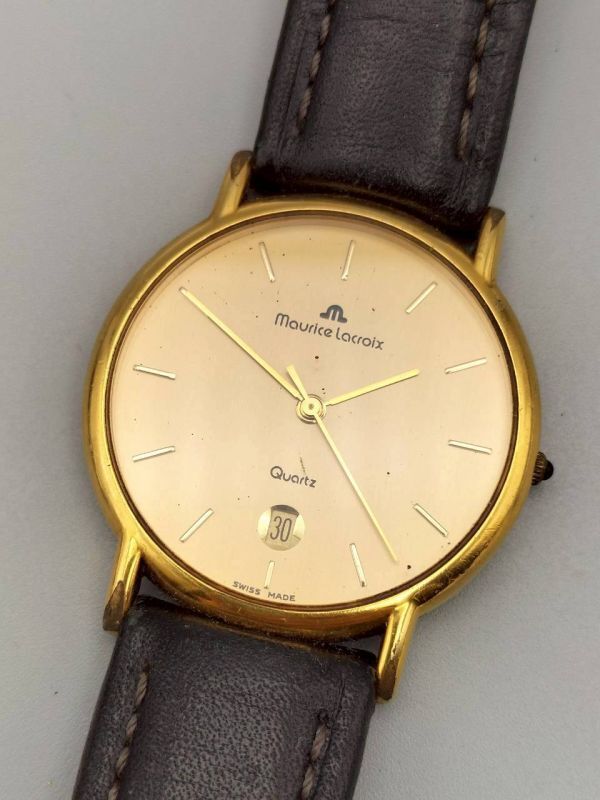 R7-638 1円~ 不動品 モーリスラクロア MOURICE LACROIX クオーツ デイト 腕時計 ゴールドカラー 社外革ベルト拍卖