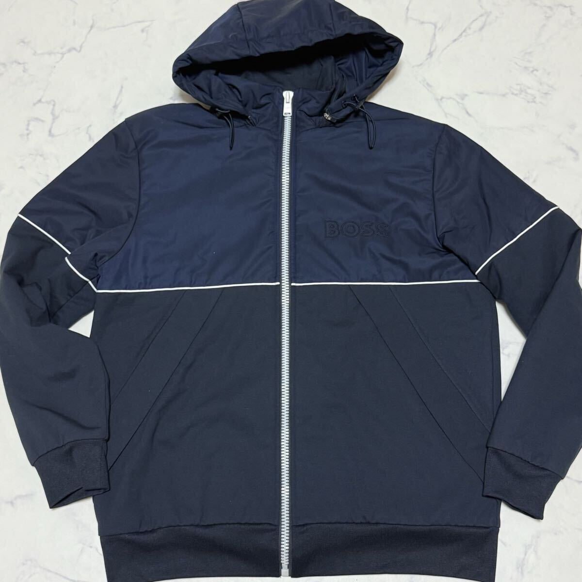 美品 HUGO BOSS ヒューゴボス フード着脱 ワンポイント 大きいサイズ フーデットジャケット ブルゾンメンズ ネイビー XL拍卖