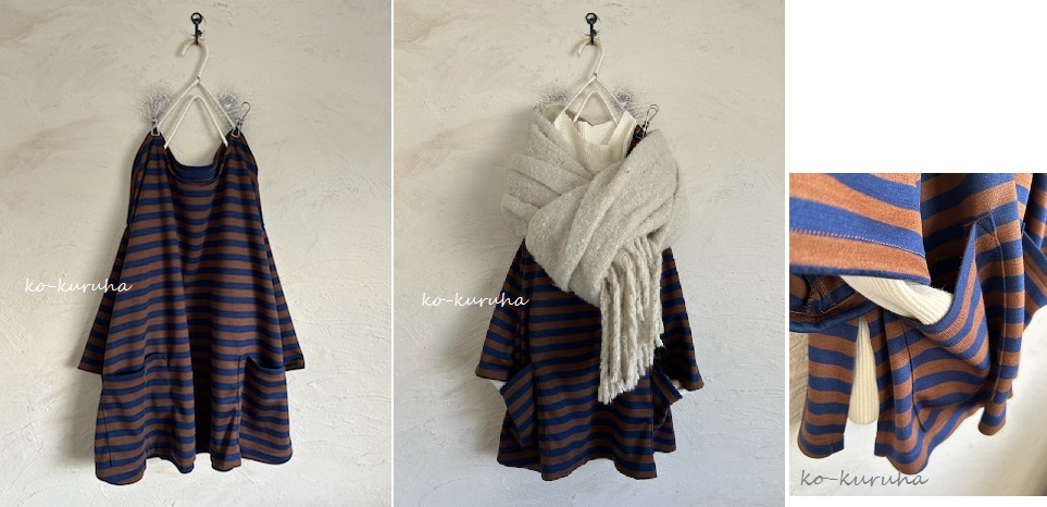 ハンドメイド::ボーダーポンチニット。ポケ付ワイドPO拍卖