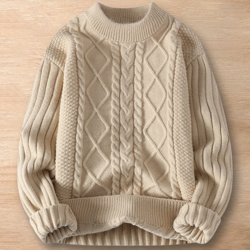 Y086-L カーキ 新品DCKMANY ケーブル編み ニットセーター ウール混 プルオーバー ラウンドネック 秋冬トップス 厚手 暖かい メンズ拍卖