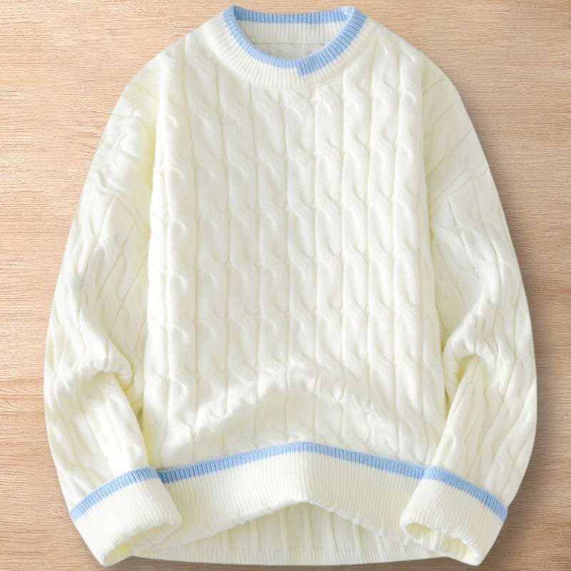 Y089-XL ベージュ 新品DCKMANY ウール混 ケーブル編み ニットセーター 配色 トップス 厚手 暖かい メンズ プルオーバー ラウンドネック拍卖