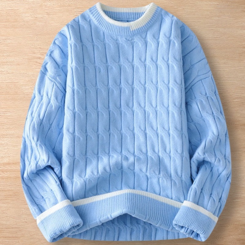 Y090-XL ブルー 新品DCKMANY ウール混 ケーブル編み ニットセーター 配色 トップス 厚手 暖かい メンズ プルオーバー ラウンドネック拍卖