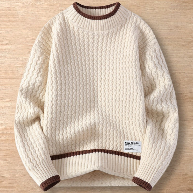 Y093-M カーキ 新品DCKMANY ウール混 リブ編み ニットセーター 配色 トップス 厚手 暖かい 秋冬 メンズ プルオーバー ラウンドネック拍卖