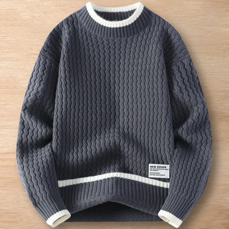 Y095-2XL グレー 新品DCKMANY ウール混 リブ編み ニットセーター 配色 トップス 厚手 暖かい 秋冬 メンズ プルオーバー ラウンドネック拍卖