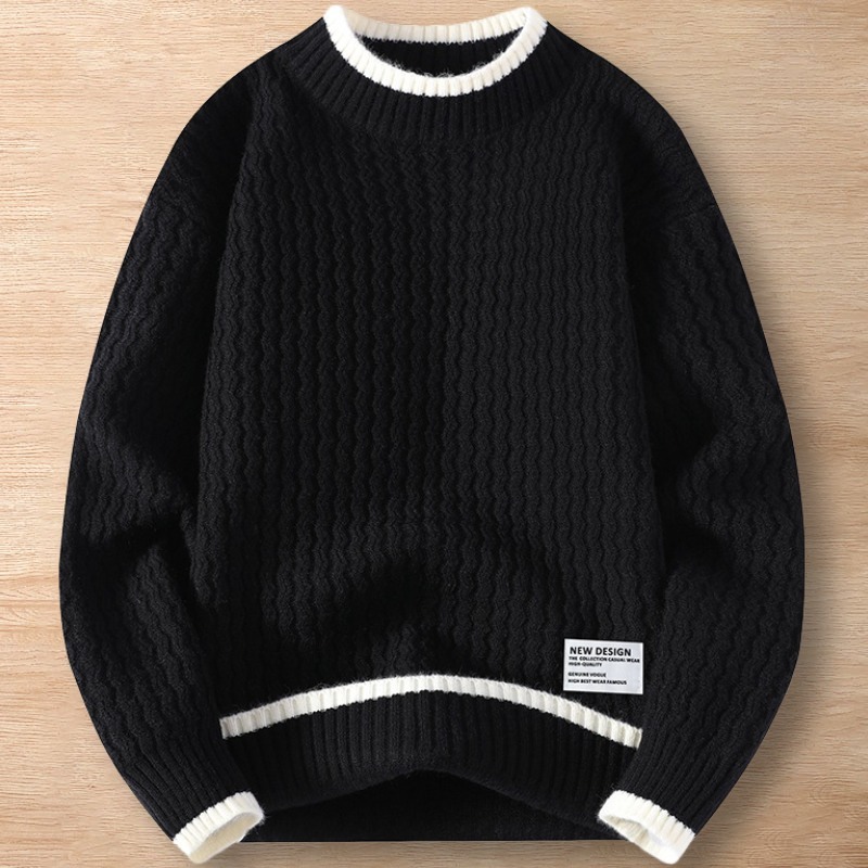 Y096-2XL ブラック 新品DCKMANY ウール混 リブ編み ニットセーター 配色 トップス 厚手 暖かい 秋冬 メンズ プルオーバー ラウンドネック拍卖