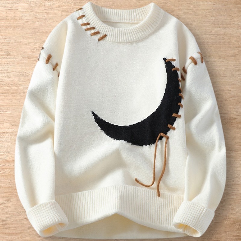 Y098-M ホワイト 新品DCKMANY ウール混 ニットセーター 厚手 暖かい 秋冬 メンズ リブ編み袖口 トップス プルオーバー ラウンドネック拍卖