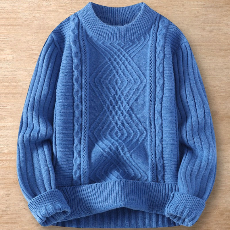 Y102-2XL ブルー 新品DCKMANY ウール混 ニットセーター 厚手 暖かい 秋冬 プルオーバー ラウンドネック メンズ ケーブル編み 無地 トップス拍卖