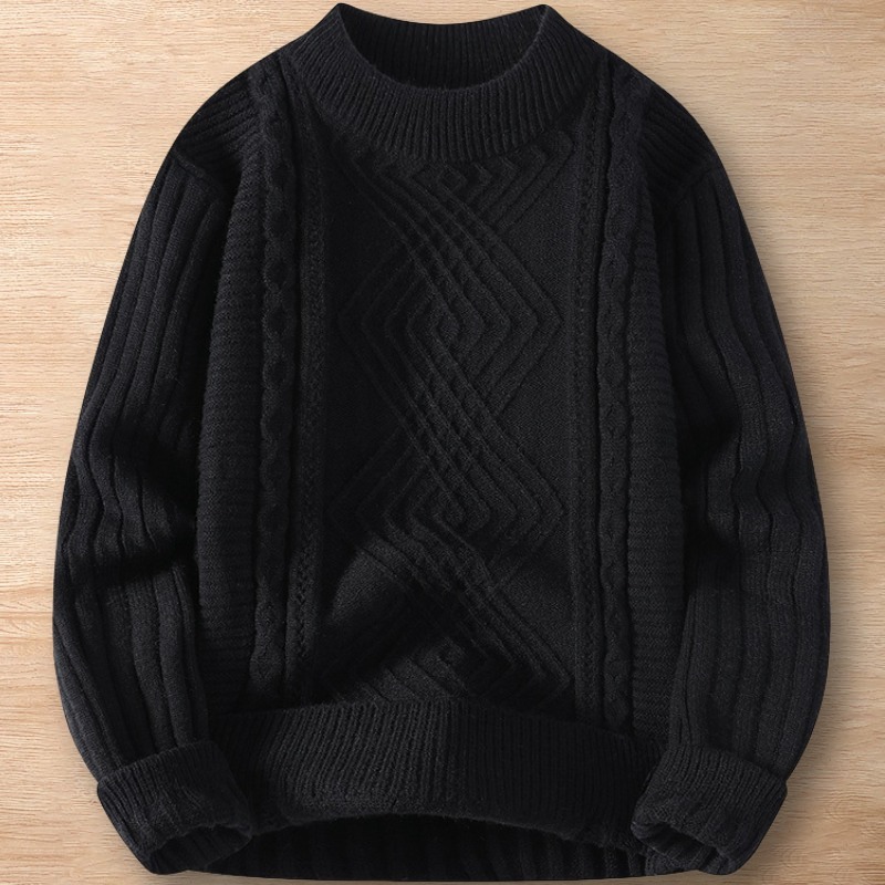 Y104-L 黒 新品DCKMANY ウール混 ニットセーター 厚手 暖かい 秋冬 プルオーバー ラウンドネック メンズ ケーブル編み 無地 トップス拍卖