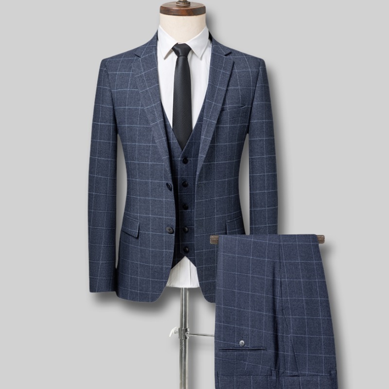 Y6538-L 紺 新品 セットアップスーツ ウール混 格子柄 ベスト付きスーツ 3ピーススーツ ウエスト調節可能 スラックス ビジネス メンズ拍卖