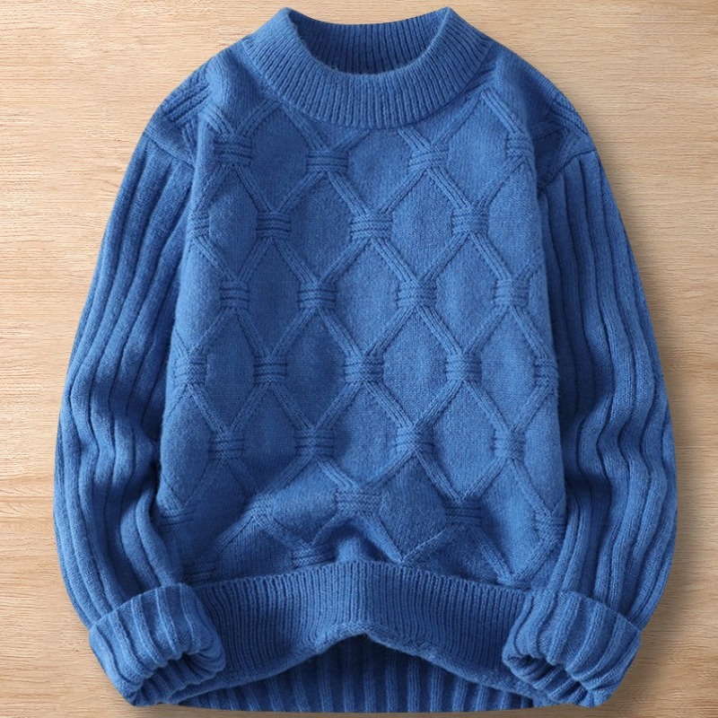 Y105-M ブルー 新品DCKMANY ウール混 フィッシャーマンニット セーター 厚手 暖かい 冬 プルオーバー メンズ ケーブル編み 無地 トップス拍卖