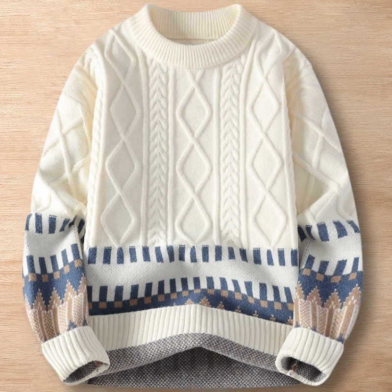 Y113-L 白 新品DCKMANY ウール混 アラン編み フィッシャーマンニット セーター 厚手 暖かい 冬用 長袖 メンズプルオーバー トップス拍卖