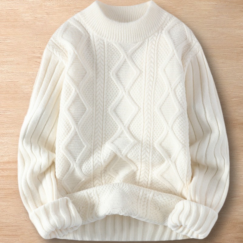 Y119-L ベージュ 新品DCKMANY ウール混 ケーブル編み アランニット クルーネック セーター 厚手 暖かい 長袖 メンズ プルオーバー トップス拍卖