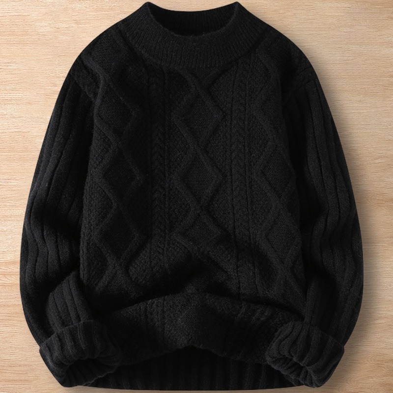 Y120-L 黒 新品DCKMANY ウール混 ケーブル編み アランニット クルーネック セーター 厚手 暖かい 長袖 メンズ プルオーバー トップス拍卖