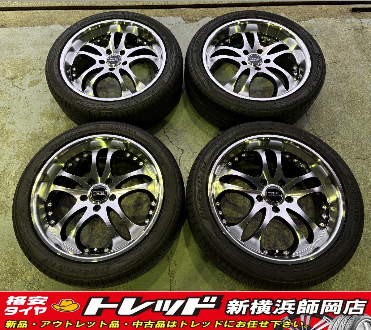 新横浜師岡店 中古アルミタイヤ4本SET TMW 153Avanti 18インチ7.5J-5穴114.3+48 & YOKOHAMA BluEarth-GT AE51 225/45R18 24年製 マークX等拍卖