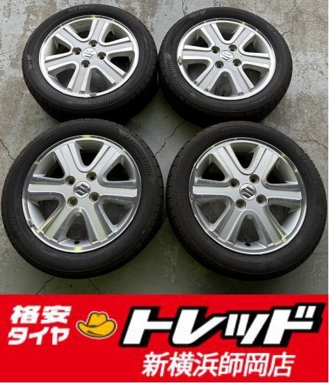 新横浜師岡 中古純正アルミタイヤ4本SET スズキ エブリー 14インチ4.5J 4穴100+50S BRIDGESTONE NEWNO 165/55R14 24年 ワゴンR・MRワゴン等拍卖