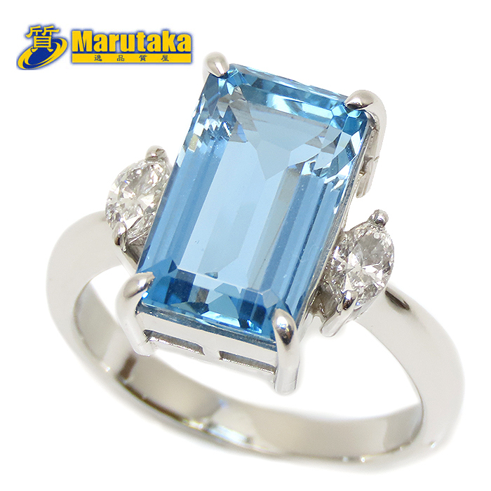 Pt900 アクアマリン 5.46カラット リング ダイヤモンド 0.34カラット 15号 8.3g 鑑別書 逸品質屋 丸高 尼崎市拍卖