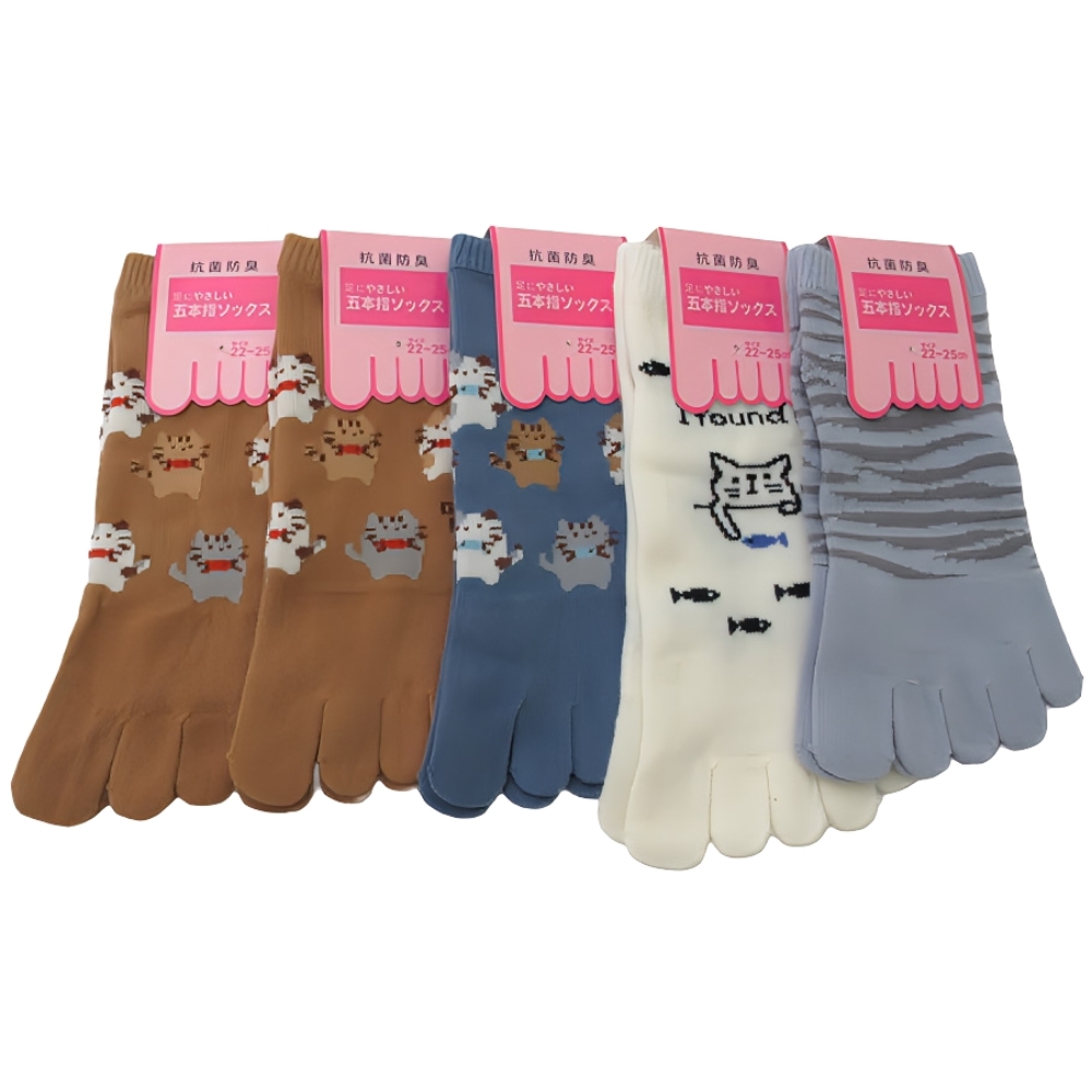 5本指ソックス 少し厚手 5足セット 抗菌防臭 かわいい柄 レディース size 22-25cm アンクル丈 カカトつき 綿混素材拍卖