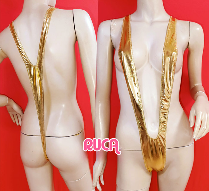 *ハンドメイド*横ズレはみ出し注意!きらきらゴールドV型ワンピ水着(?)拍卖