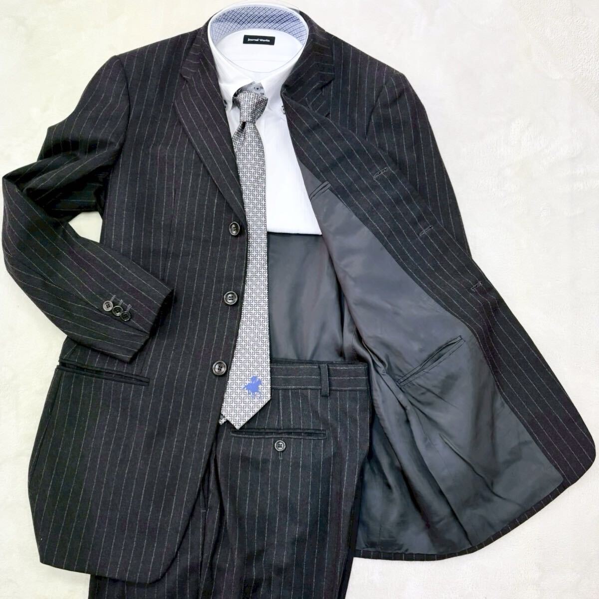 1円〜 【美品】アルマーニ ARMANI スーツ セットアップ ストライプ グレー 3B ウール カシミヤ混 総裏地 46R/S ジャケット イタリア製拍卖