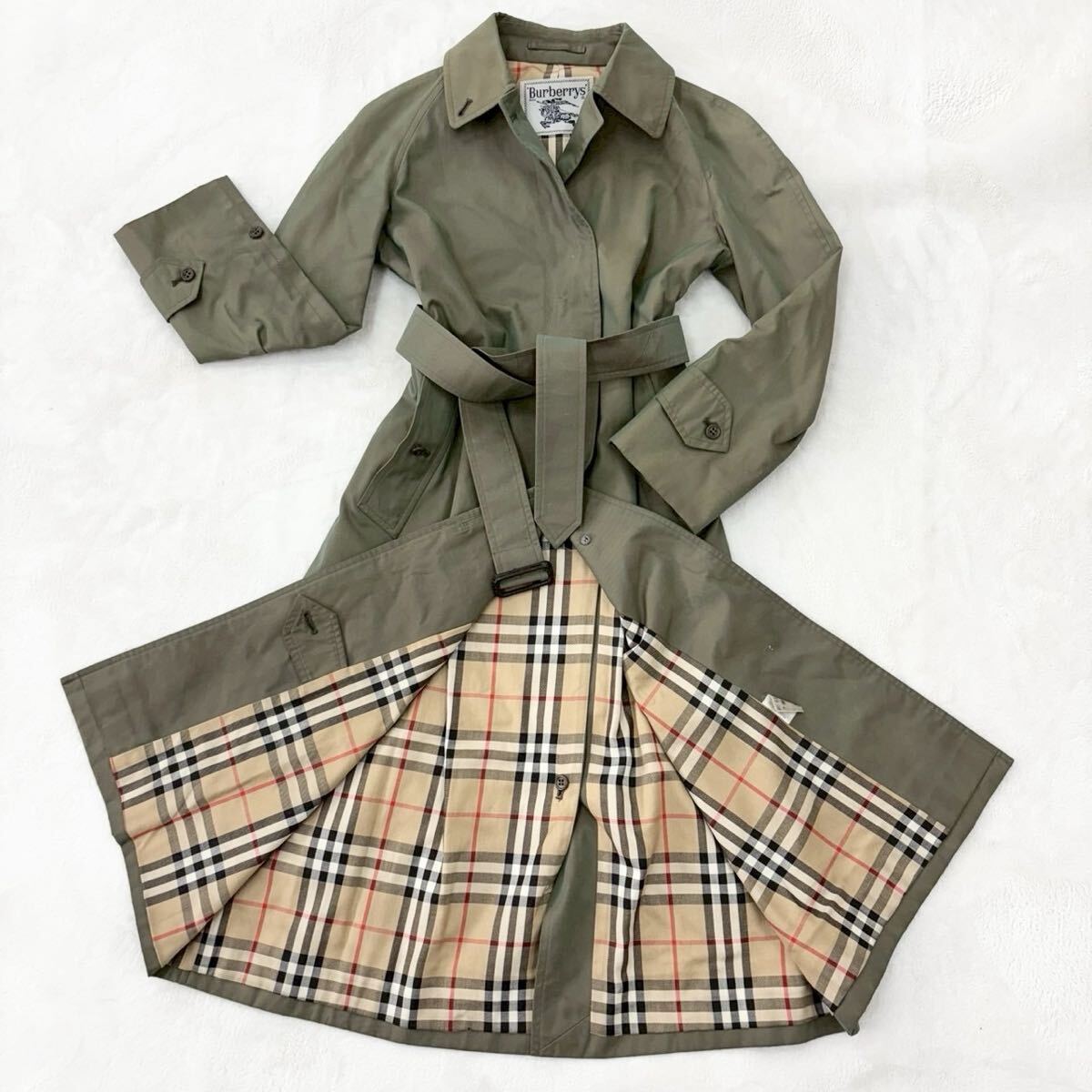 Burberrys バーバリー ノバチェック 白タグ トレンチコート ステンカラーコート ロング丈 カーキ玉虫色 レディース Sサイズ 人気モデル拍卖