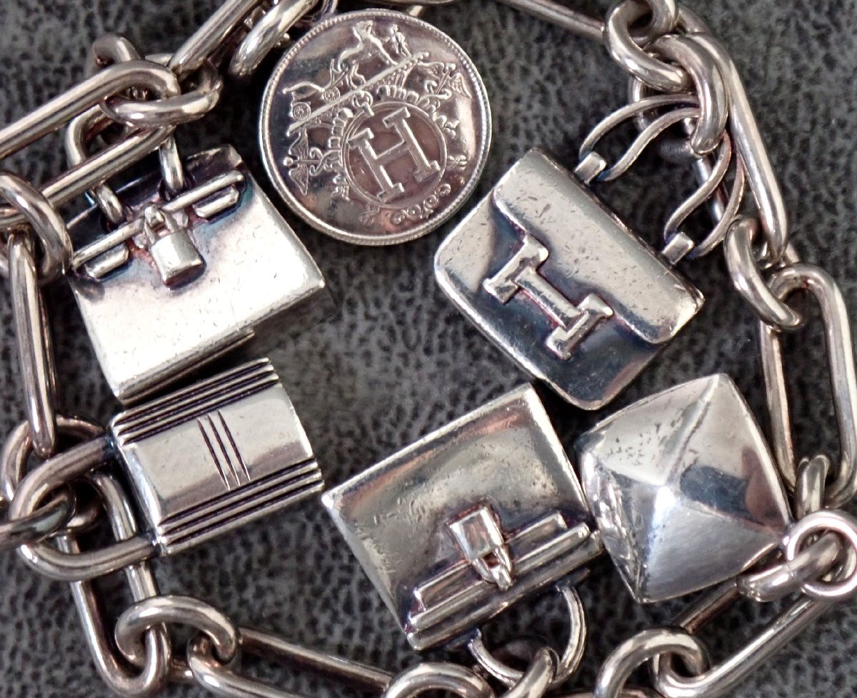 幻の逸品!エルメス 6つのチャーム付き ケリー カデナ メドール バーキン コンスタンス シルバー925 ブレスレット チェーン バングル 3938拍卖