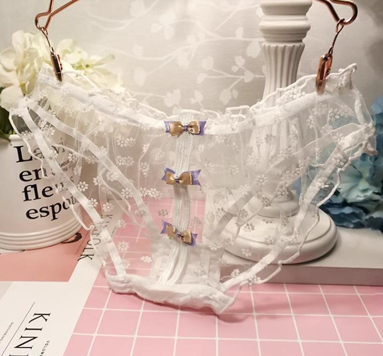 266(WH)Lシースルー 光沢 レースリボン パンティー アイス シルク 紐パン サイドリボン セクシー ショーツ ランジェリー コスチューム AA拍卖