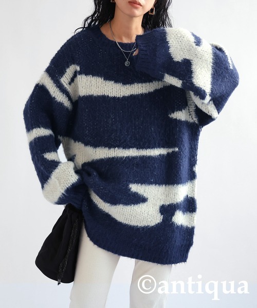 「antiqua」 「treecafe」長袖ニット FREE ネイビー×ホワイト レディース拍卖