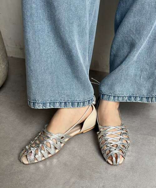 「DouDou」 フラットパンプス 24cm シルバー レディース拍卖