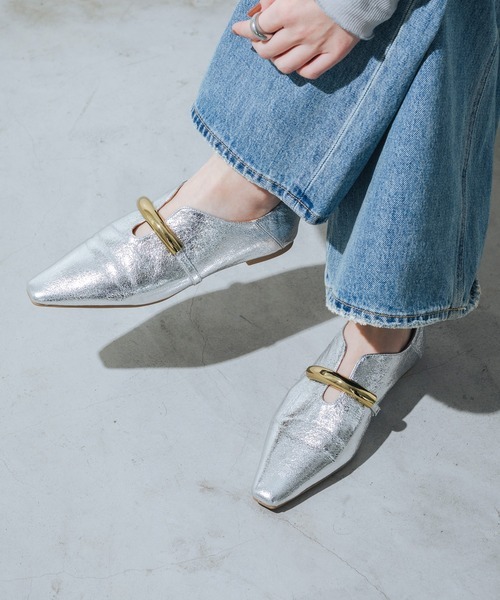 「EVOL」 フラットパンプス 24.0cm シルバー レディース拍卖