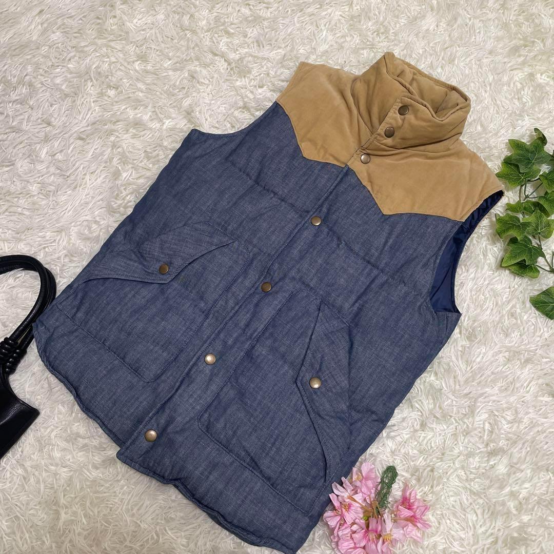 極美品 PLST プラステ ダウンベスト ベージュ 紺 ダウン70% メンズ Sサイズ拍卖