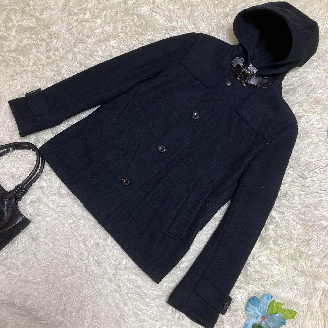 美品 ビューティーアンドユース ユナイテッドアローズ ピーコート ネイビー フード ロゴボタン レザー メンズ L拍卖