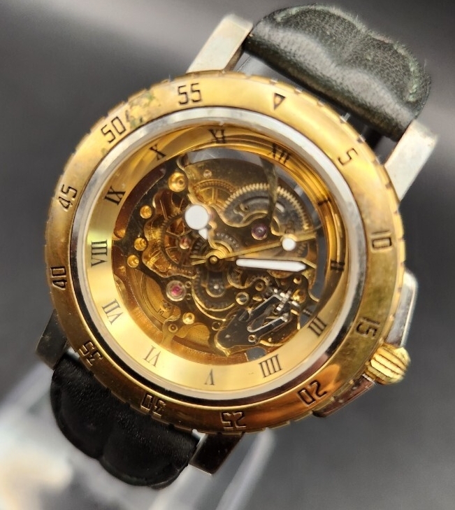 稼働品/両面スケルトン 腕時計 自動巻き ゴールドカラー スケルトン拍卖