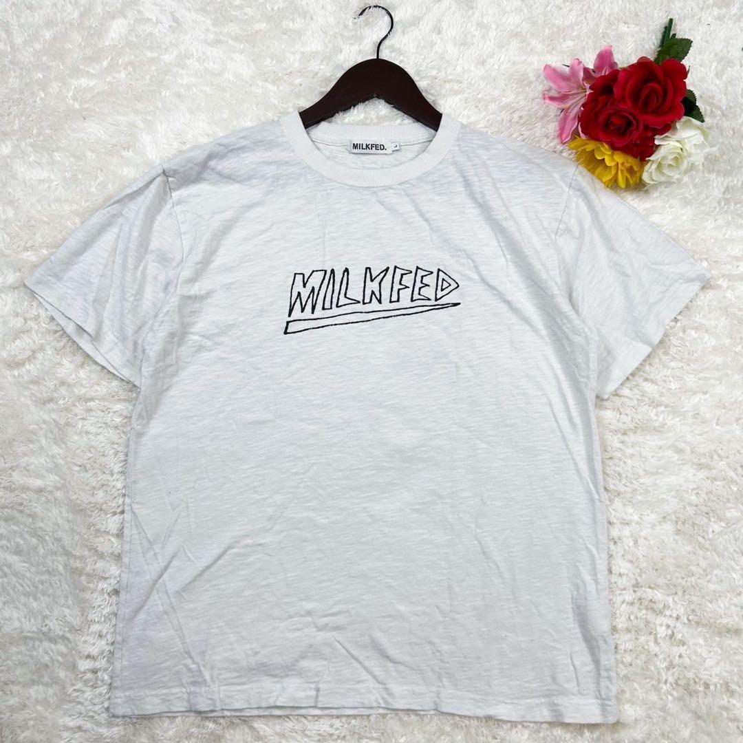 美品 MILKFED Tシャツ バッグプリント ヘビー スラブ ホワイト ロック 本体綿100% リブ綿98% ボックスシルエット ロゴプリント拍卖