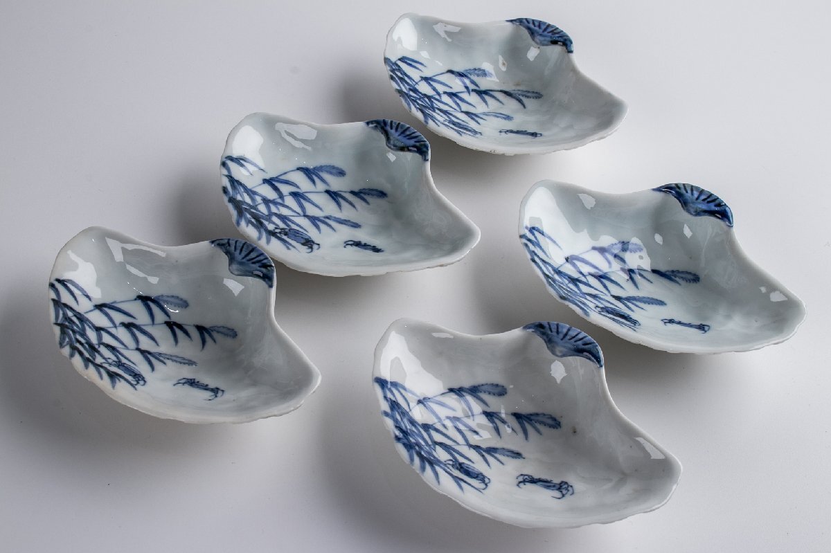 【うつわ】 紀州 偕楽園 染付双蟹文貝形向付 5客 箱付 F090 古美術 骨董 古玩 茶道具 日本料理 料亭 懐石拍卖