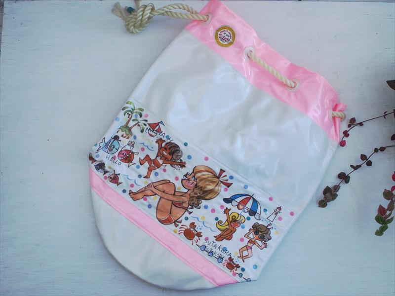 ☆レトロビンテージ雑貨*ポップな女の子のイラストビニールビーチバッグ・ピンク☆インテリアディスプレイ☆拍卖