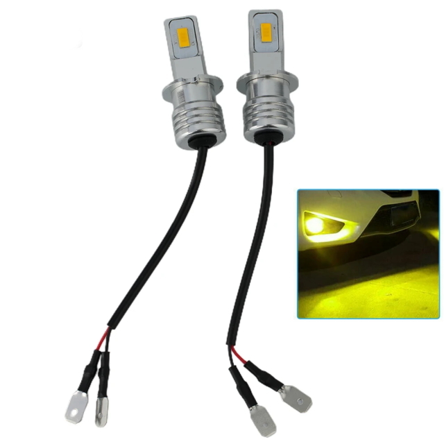 H3スーパーイエローLEDライト 2個組 悪路に強い3000K 110W H3LEDイエローフォグバルブLEDフォグライト 逆極性対応360度照射12V&24ボルトOK拍卖