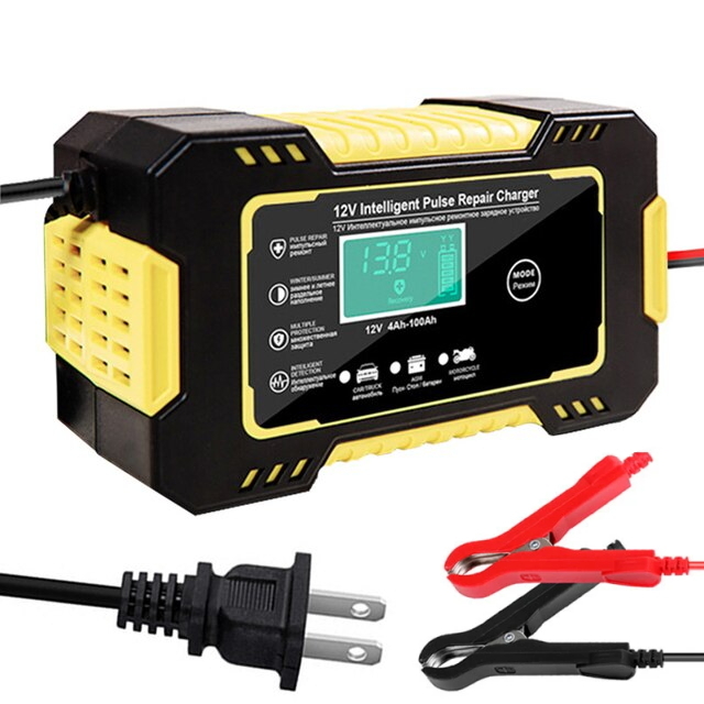 急速バッテリー充電器 12v車コンパクト充電器イエロー 大型車から軽自動車やバイクや重機まで対応 高性能で簡単操作でバッテリーを急速充電拍卖