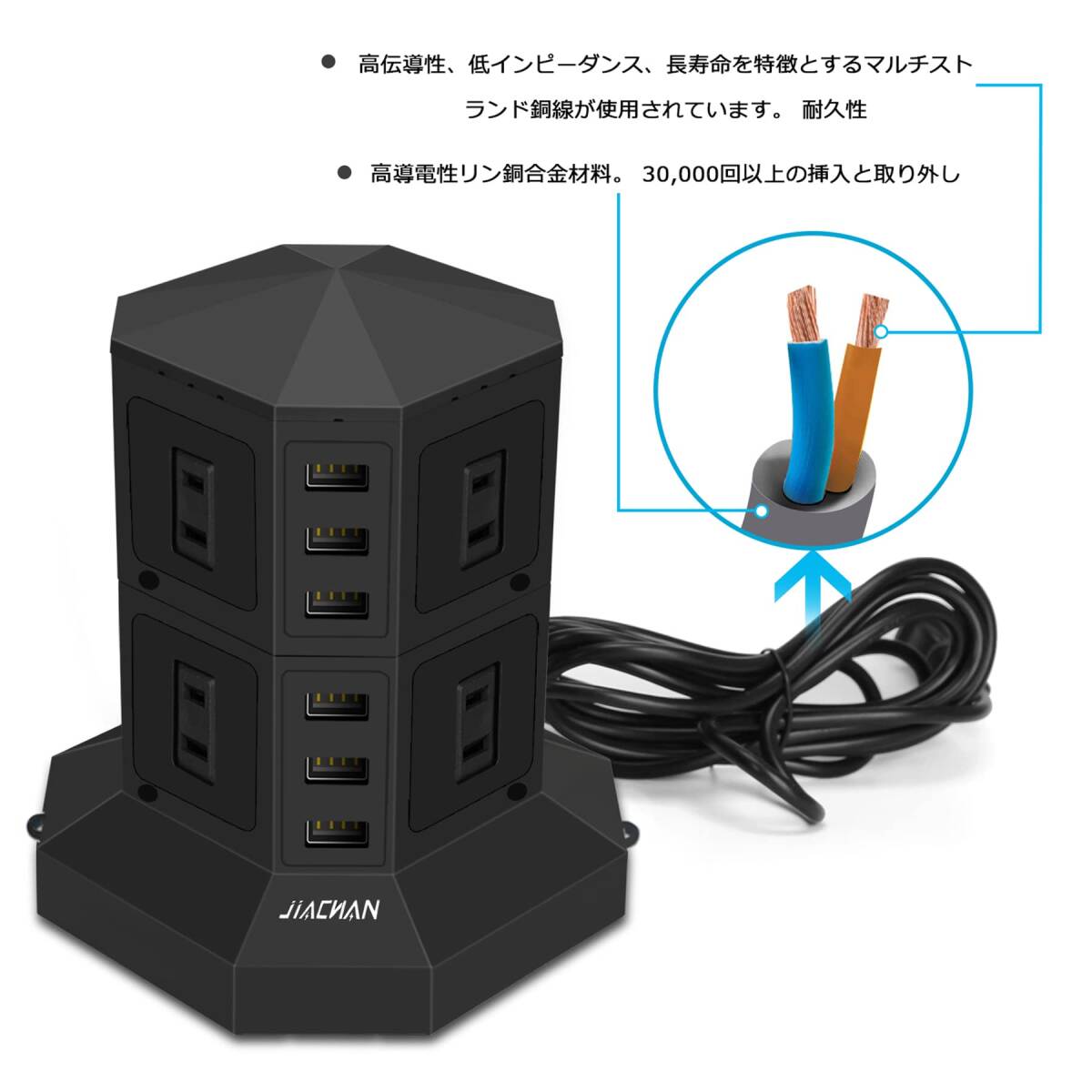 タワー式 6USB 8コンセント 急速充電 雷ガード 過負荷保護 電源タップ拍卖