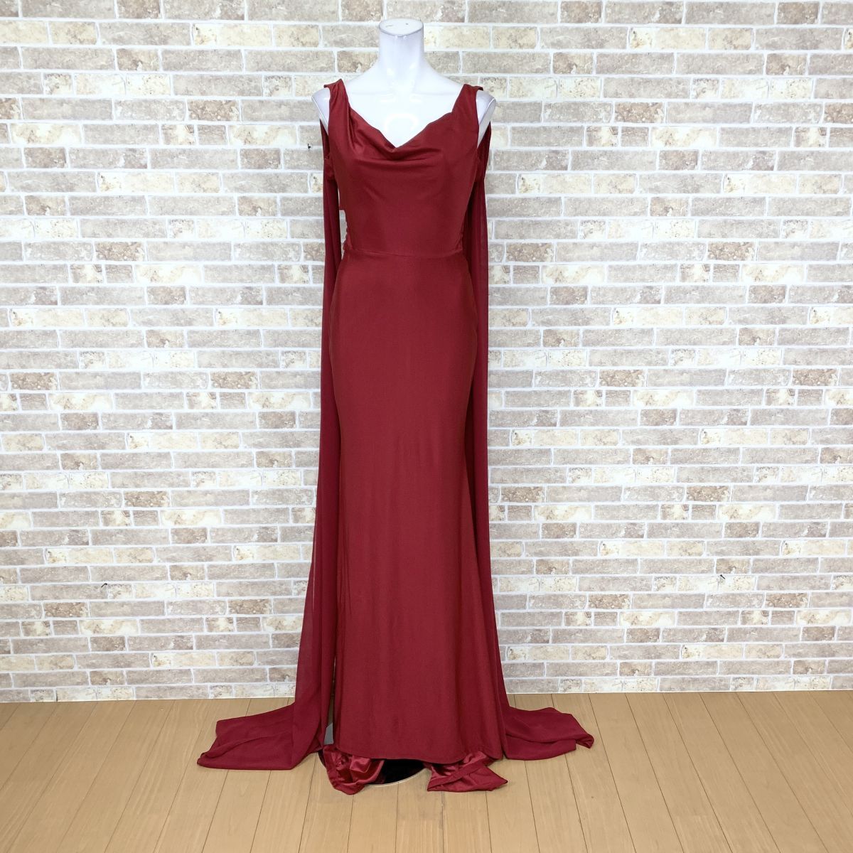 1円 ドレス 舞台衣装 ロングドレス 赤系光沢 後レース長い ステージ衣装 カラードレス 発表会 イベント 中古15909拍卖