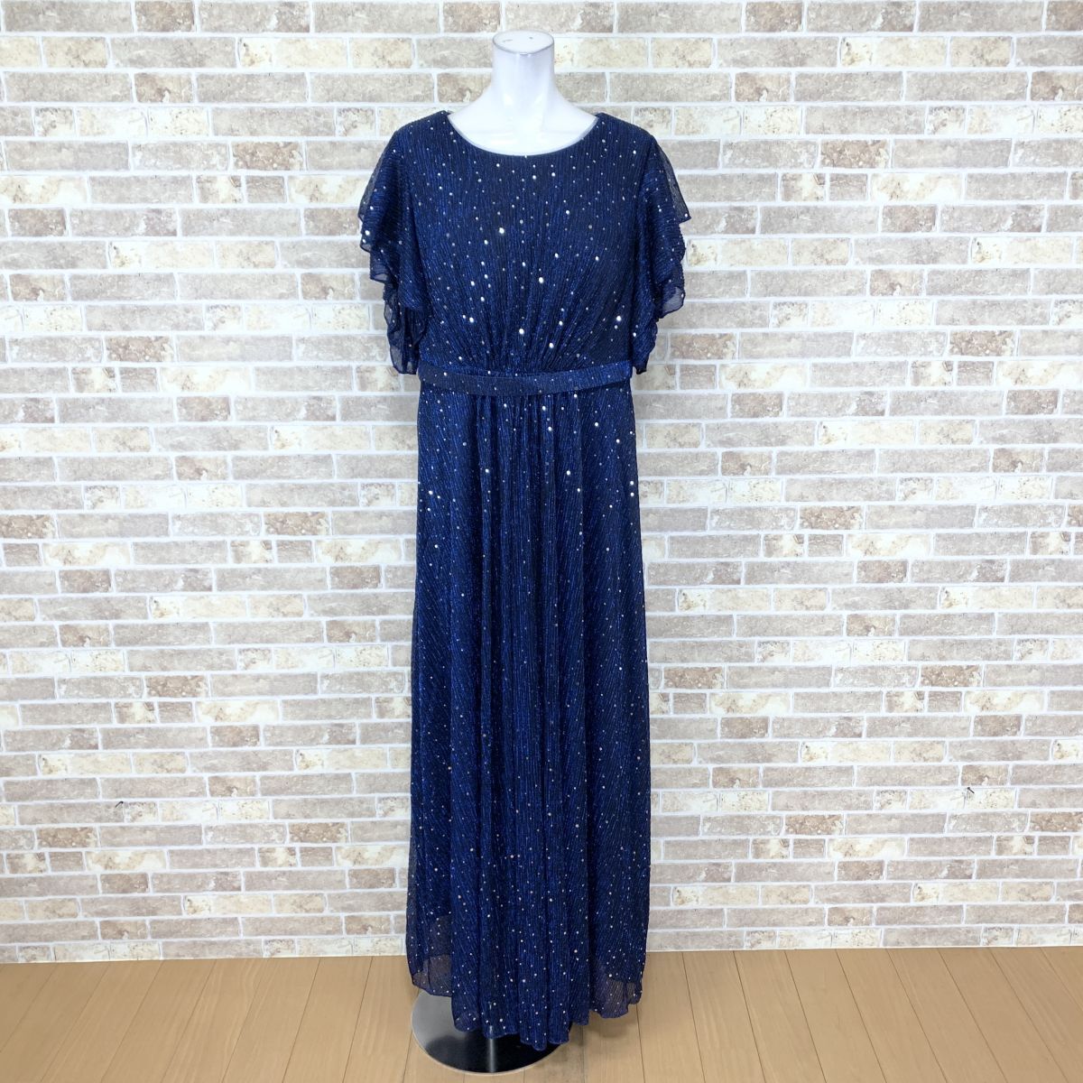 1円 舞台衣装 ロングドレス 大きなサイズ ネイビー系 スパンコール装飾 カラードレス キャバドレ 発表会 中古15958拍卖