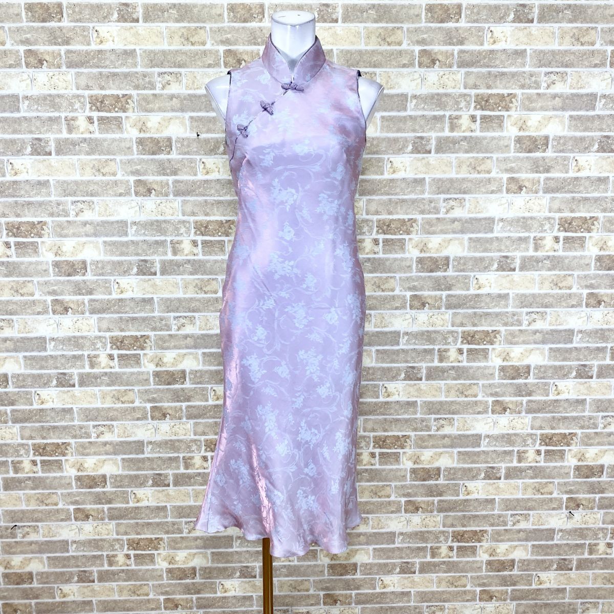 1円 チャイナドレス FUNQUETH 東京ソワール ロングワンピース 9AR2 紫ピンク系柄 カラードレス フォーマル 中古16019拍卖